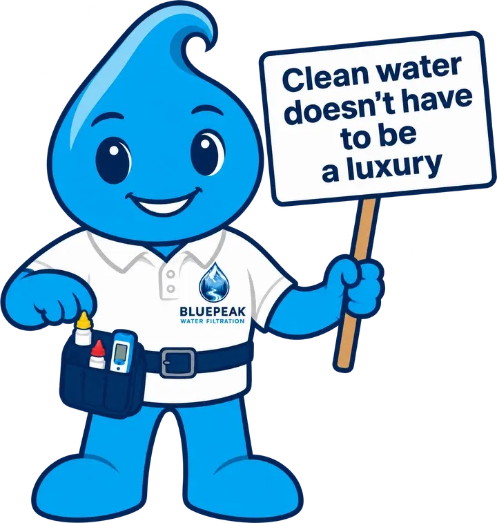 BluePeak mascot holding a sign: Clean water doesn’t have to be a luxury