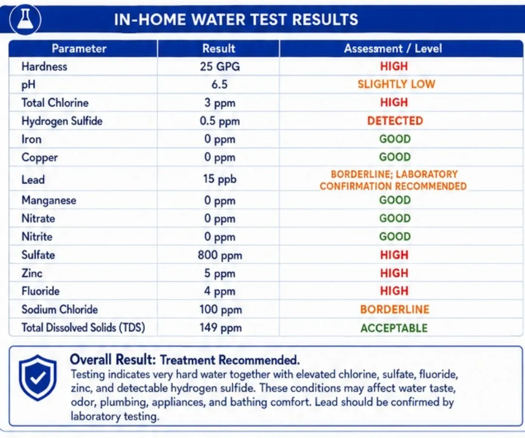 An in-home water test result table showing hardness at 25 grains per gallon, pH 6.5, total chlorine 3 ppm, hydrogen sulfide detected, and lead flagged as borderline pending laboratory confirmation.